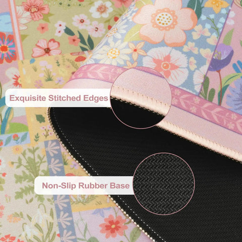 Close-up of Pink Floral XXL Desk Pad For Keyboard And Mouse Extended 35.4 By 15.7 Inches Anti Slip Big Mouse Pad With Stitched Edges.
