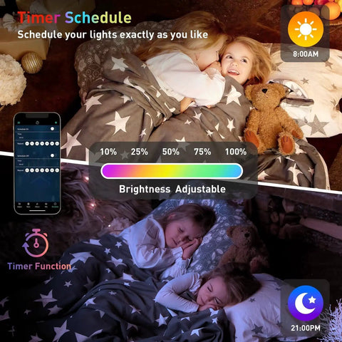 Children sleeping in bed with teddy bear demonstrating timer and brightness features of 8 Pack Hexagon LED Wall Panels RGB Color Lights