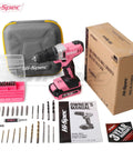 Pink Cordless Drill Set 18V With 18Nm Torque And 550 RPM Includes Driver Bit Set For Wood Steel Concrete, carrying case.