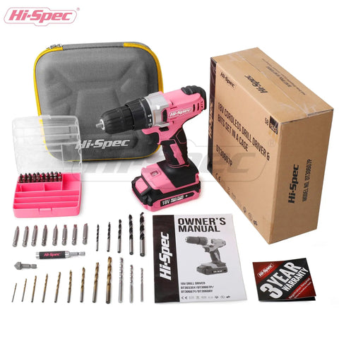 Pink Cordless Drill Set 18V With 18Nm Torque And 550 RPM Includes Driver Bit Set For Wood Steel Concrete, carrying case.