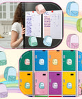 Collage showing schoolbag-shaped magnetic name tags on lockers and a kitchen whiteboard, featuring 36 Piece Magnetic Name Tags Dry Erase Labels In 12 Colors Schoolbag Shaped Must Have Reusable Magnetic Name Plates For Whiteboards Fridges Desks Lockers Offices And Home Organization.