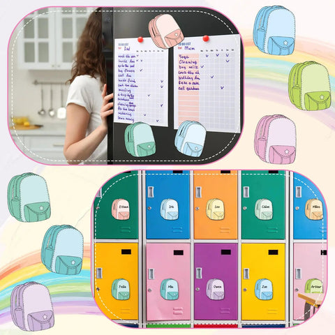 Collage showing schoolbag-shaped magnetic name tags on lockers and a kitchen whiteboard, featuring 36 Piece Magnetic Name Tags Dry Erase Labels In 12 Colors Schoolbag Shaped Must Have Reusable Magnetic Name Plates For Whiteboards Fridges Desks Lockers Offices And Home Organization.