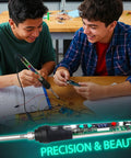 Clear Shell Soldering Iron Kit Pro Grade With 68W Power And Adjustable Temperature From 200C To 500C See Through Solder Gun Tool on table with two people working on electronics project.