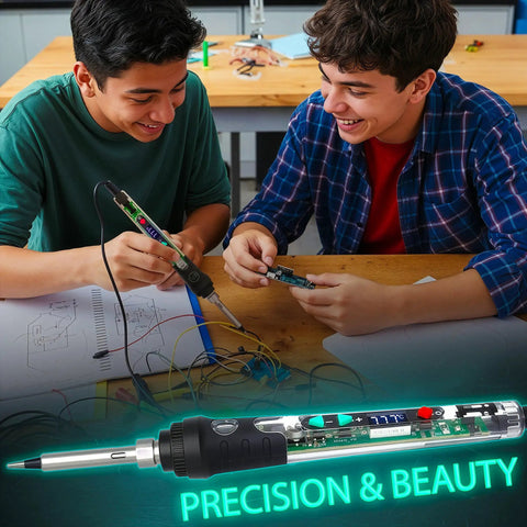 Clear Shell Soldering Iron Kit Pro Grade With 68W Power And Adjustable Temperature From 200C To 500C See Through Solder Gun Tool on table with two people working on electronics project.