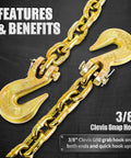 Heavy Duty Load Binder Chain Three Eighths Inch By Ten Foot With G70 Hooks, 5400 Lbs Safe Working Load showing clevis snap hook