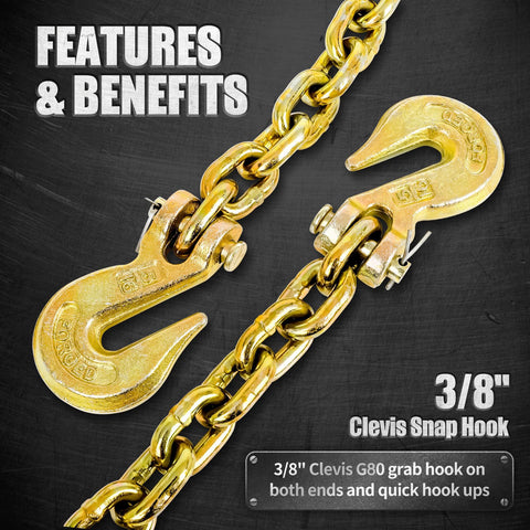 Heavy Duty Load Binder Chain Three Eighths Inch By Ten Foot With G70 Hooks, 5400 Lbs Safe Working Load showing clevis snap hook