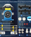 Instant Hot Water Recirculating Pump Kit For Tank Style Heaters with brass valves and various fittings for easy installation.