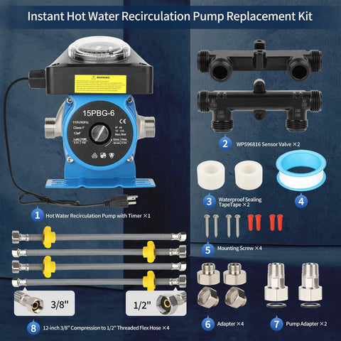 Instant Hot Water Recirculating Pump Kit For Tank Style Heaters with brass valves and various fittings for easy installation.