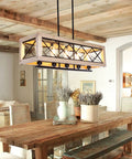 Farmhouse Style Metal Kitchen Island Light Fixture with Wood Frame Pendant Lights Height Adjustable Hanging Chandelier