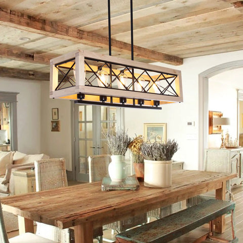 Farmhouse Style Metal Kitchen Island Light Fixture with Wood Frame Pendant Lights Height Adjustable Hanging Chandelier
