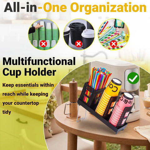 High Capacity Cup And Lid Organizer For Coffee Stations All-In-One Vertical Disposable Paper Cup Dispenser with straws