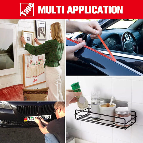 3M VHB double-sided foam mounting tape, 16.4 ft x 0.94 in, waterproof; shown securing wall art, a car license plate, and a shelf.