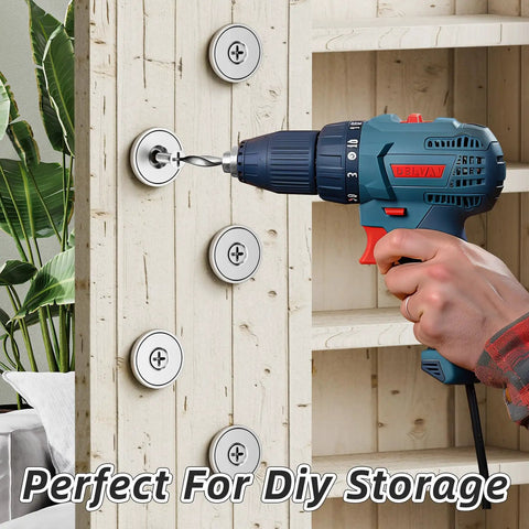 Person installing 10 Pack 70 Lbs Neodymium Cup Magnets With Countersunk Holes For Secure Tool Holding And Wall Mounting with drill