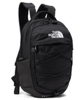 Borealis Mini Backpack, 10 Liter City Daypack with Front Bungee System, durable abrasion-resistant black construction, side angle view.