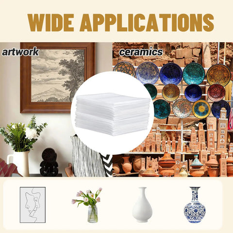 Wide applications of 100 Pack 8x10 Inch Cushion Foam Pouches for dish packing and moving with artworks and ceramics shown.