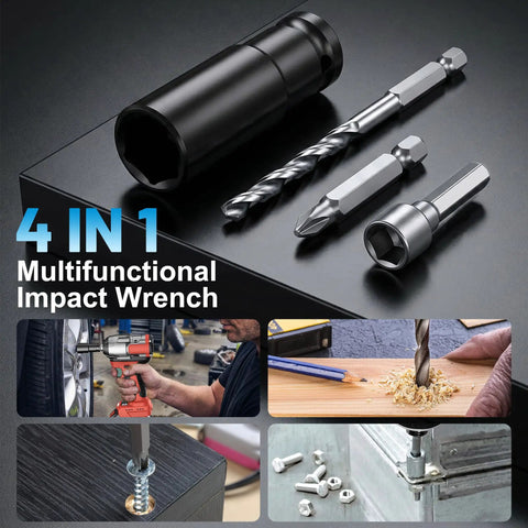 4 in 1 multifunctional impact wrench accessories including sockets, drill bits, and screwdrivers for Mgym 500Nm Cordless Impact Wrench.
