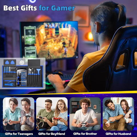 Pro 140-In-1 Computer Repair Kit With Magnetic Bits included in gifts for gamers highlighting versatile tool use.