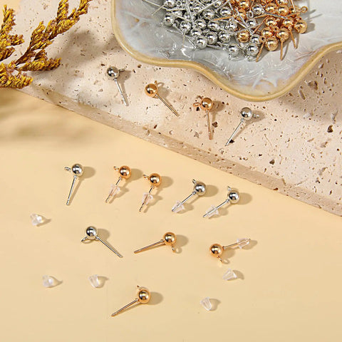 320 Piece Ball Post Earring Stud Set For Jewelry Making, Round Ball Posts With Silicone Ear Plugs, Safe Rust Resistant Metal, Lightweight And Skin Friendly For Women And DIY Jewelry Projects; silver and gold studs with backs