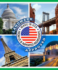 Collage of iconic landmarks with 'Made in USA' seal, featuring the Capitol Building, Brooklyn Bridge, Eiffel Tower, and Griffith Observatory.