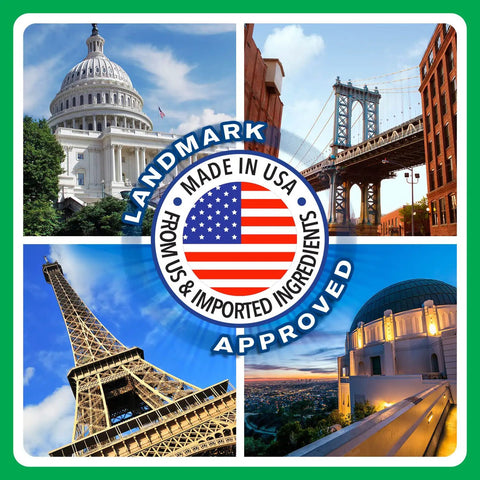 Collage of famous landmarks with a 'Made in USA' stamp in the center, showcasing US and imported ingredients approval.