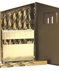 Open case of Boss-Grade 25-Piece 135 Degree Split Point Jobber Drill Set with Gold Oxide, NAS 907B Hi-Molybdenum Tool Steel
