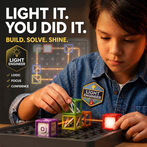 Laser Maze Reasoning Game For Kids Aged 8 To 13, Totally Hands On STEM Toy With Optics, Mirrors And Light Paths, Build Refraction Skills And Boost Spatial Imagination, Classic Edition For Curious Boys, boy solving light path puzzle