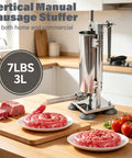 Manual Sausage Stuffer Press Vertical 304 Stainless Steel Sausage Maker 3L Capacity About 6 Lb Includes 8 Tubes In 6 Sizes