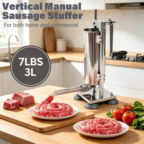 Manual Sausage Stuffer Press Vertical 304 Stainless Steel Sausage Maker 3L Capacity About 6 Lb Includes 8 Tubes In 6 Sizes