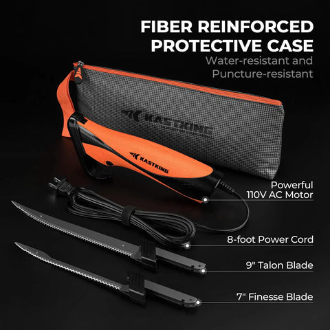 Speed Demon 110V Electric Fillet Knife Powerhouse With High Torque Motor ETL Safety Certified showing blades and case.