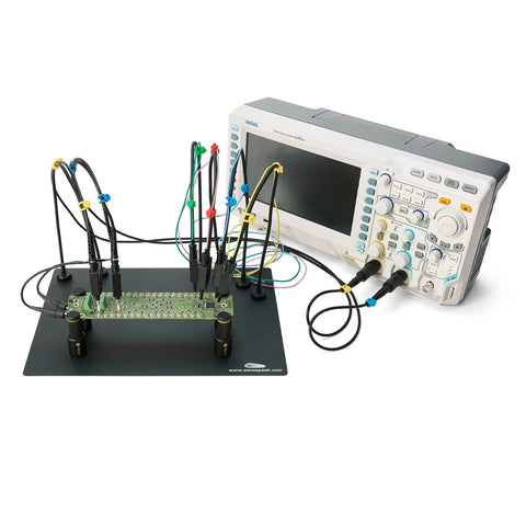 Two SQ200 And Four SQ10 Handsfree Probes Kit For PCB Testing And Soldering connected to an oscilloscope