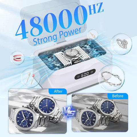 Ultrasonic Jewelry Cleaner 24W With 48kHz High Frequency Waves showing watch cleaning with before and after results