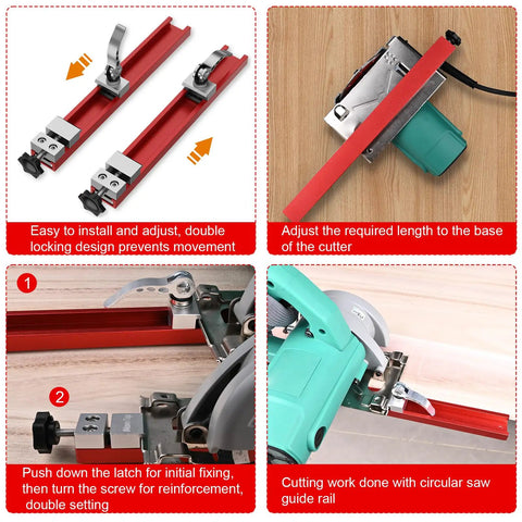 Circular Saw Guide Rail For 12 Inch Base, Aluminum Adjustable Cutting Guide shown with saw setup instructions