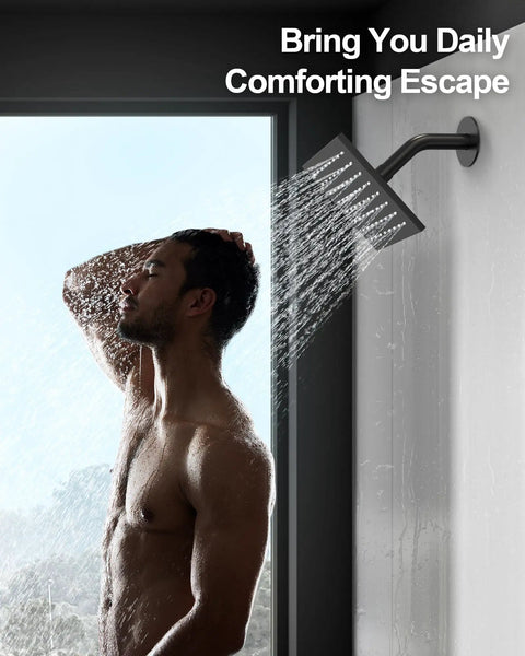 Man enjoying a shower under the GRANDJOY 12" Digital Display Shower System, 3-Function, Matte Black.