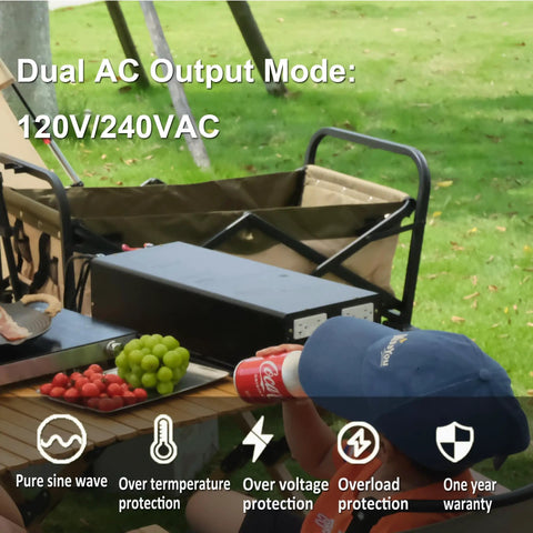 Built Like A Tank With 4000 Watt 48V DC To 120V 240V Split Phase True Sine Wave Inverter handling 8Kw peak surge in use outdoors.