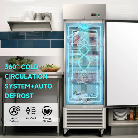 Heavy Duty Commercial Upright Freezer With 23 Cubic Feet Storage Auto Defrost Digital Thermostat LED Interior showcasing cold air flow design.