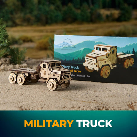 Military Truck 3D Puzzle Kit for Adults wooden model truck with box, shown as assembled 3-axle plywood DIY toy