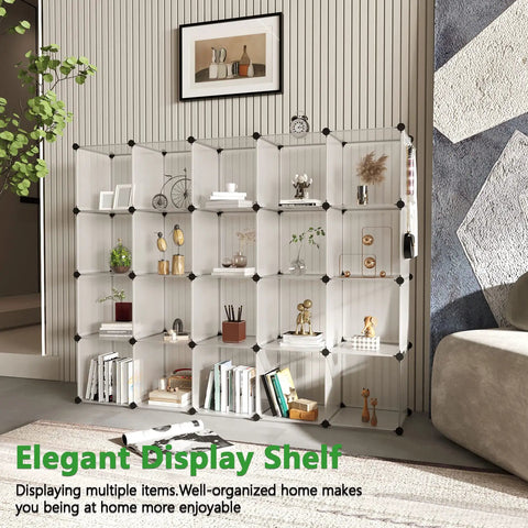 20 Cube Storage Organizer Shelves Unit DIY Plastic Modular Bookcase in Transparent White in a styled living room space