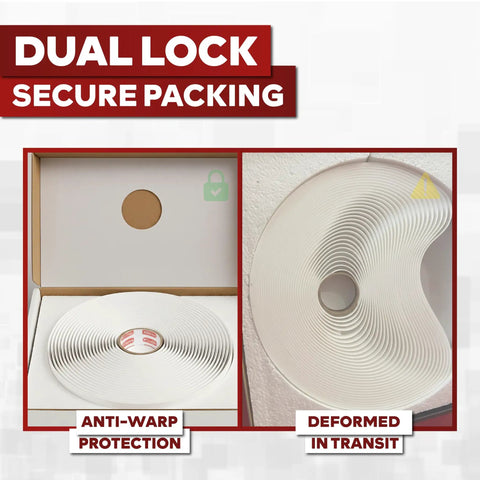 White Butyl Sealant Tape One Half Inch By Thirty Feet Mess Free Waterproof Auto Sealant For RV Windows And Roofs EPDM Patch Putty in packaging with anti-warp protection, showing deformed roll in transit.