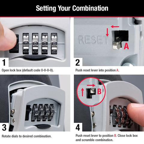 Instructions for setting combination on key lock box for house keys outdoor portable lockbox with resettable four digit code