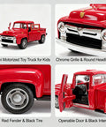 Red Pickup Truck Toy For Kids And Fam Doubles As Holiday Mantel And Table Decor A Pull And Go Vehicle That Becomes A Charming Farmhouse Winter Centerpiece With Free Small Tree, showing mini motorized toy truck, chrome grille, red fender, openable door and black interior.