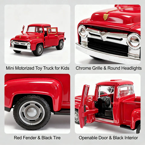 Red Pickup Truck Toy For Kids And Fam Doubles As Holiday Mantel And Table Decor A Pull And Go Vehicle That Becomes A Charming Farmhouse Winter Centerpiece With Free Small Tree, showing mini motorized toy truck, chrome grille, red fender, openable door and black interior.