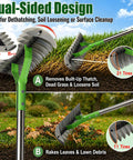 Dual-sided design of powerful thatch rake for lawns with 13 inch wide head and 21 carbon steel tines for dethatching and scarifying