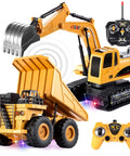 Two Pack Remote Control Construction Vehicle Set With Friction Powered Excavator And Dump Truck Realistic Lights And Sounds For Imaginative Play Great Gift For Toddlers Boys And Girls, showcasing a multicolor excavator and dump truck with two remotes.