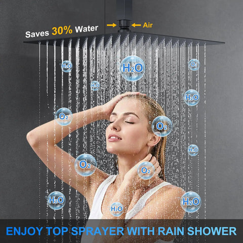 Top Shelf Ceiling Mount Rainfall Shower System With 12 Inch Matte Black Finish Side Spray Heads Self Cleaning Nozzles And Multi Function Handheld Sprayer For A Pro Level Bathroom Glow Up