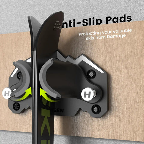 Close-up of Space Saving Ski And Snowboard Wall Mount With Non Slip Rubber Grip Pads, featuring anti-slip pads for secure ski storage.