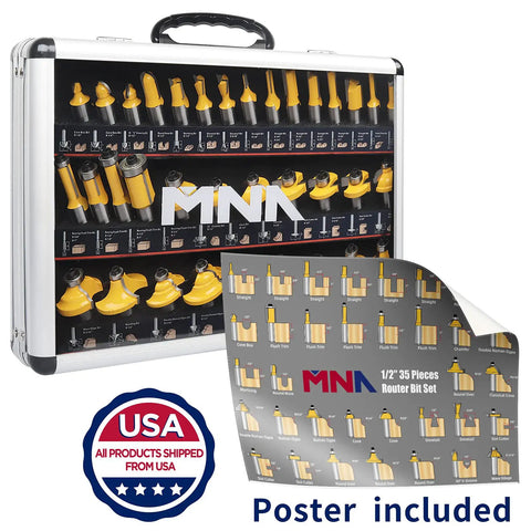 Professional Router Bit Set With Thirty Five Pieces And One Half Inch Shank Complete American Style Kit with poster included