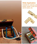 Concealed Brass Barrel Hinges Set, 16 Pcs, 17x5mm 19x5mm 25x5mm 30x5mm Hidden Folding Cabinet Hinges displayed with a jewelry box.