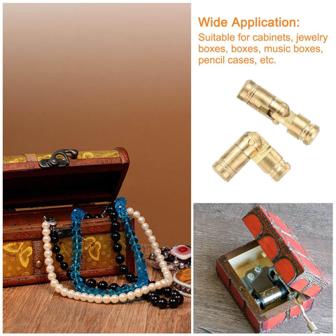 Concealed Brass Barrel Hinges Set, 16 Pcs, 17x5mm 19x5mm 25x5mm 30x5mm Hidden Folding Cabinet Hinges displayed with a jewelry box.