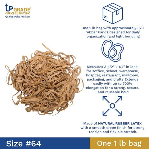 Heavy Duty Rubber Bands Size 64 Three And A Half Inch By One Quarter Inch One Pound Bag Of 320 Natural Crepe Rubber 3.5 x 0.25 in