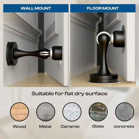 Grip Tight Magnetic Door Stops No Hassle Drilling With Dependable 3M Adhesive Tape for wall and floor mounting options.